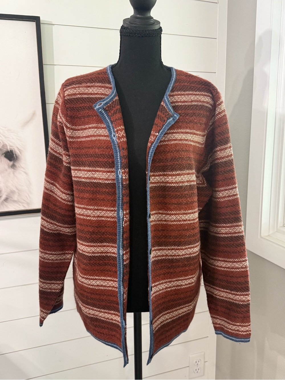 Woolrich Lambswool Knit Cardigan Sweater, Striped Button Front XL Southwest